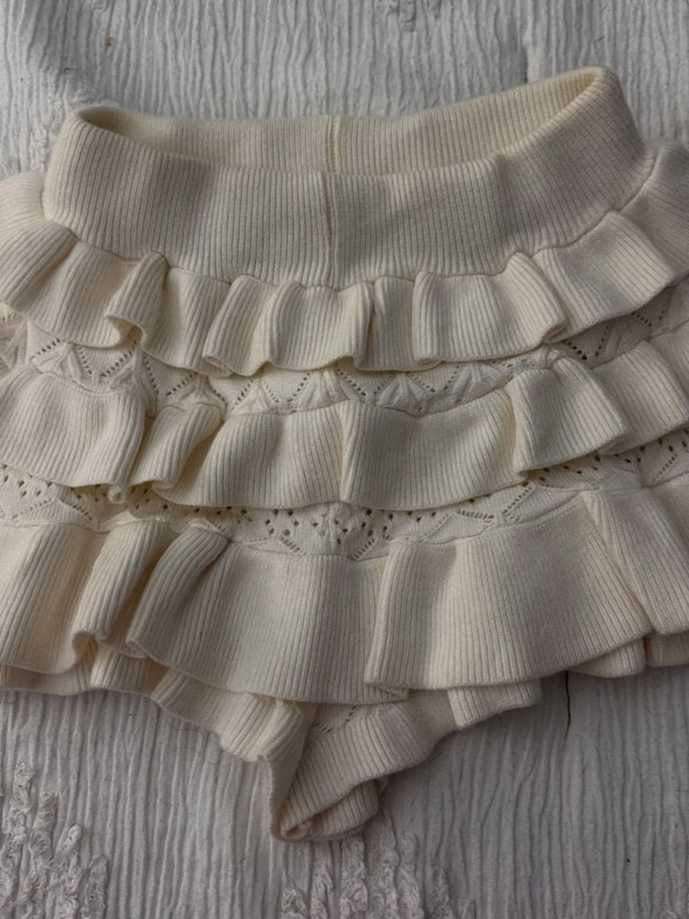 Cream Ruffled Knit Shorts